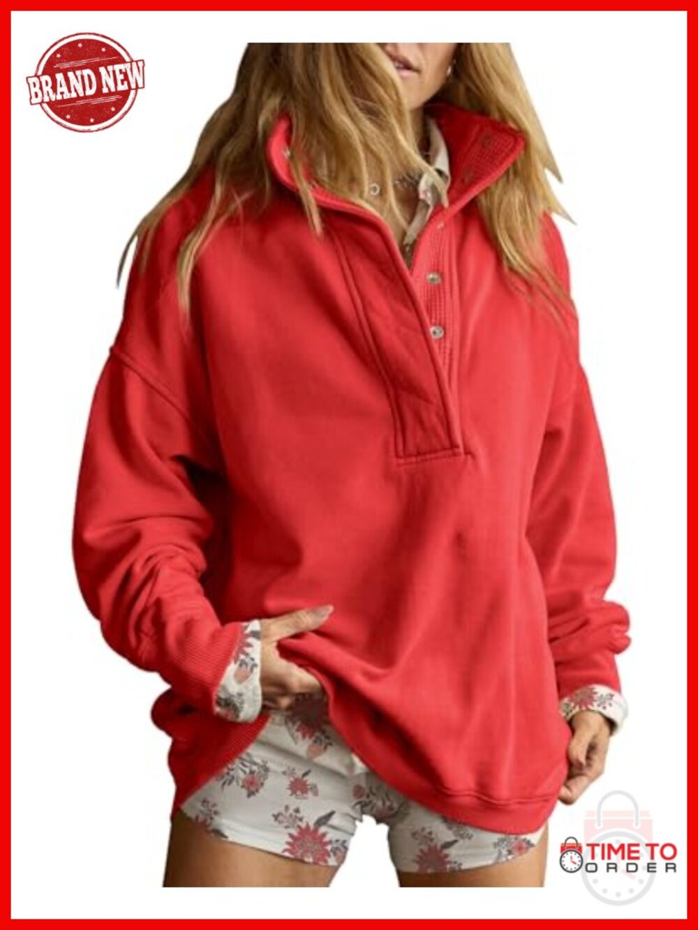 Womens Oversized Henley Neck Sweatshirt Cotton Blend Pullover Top